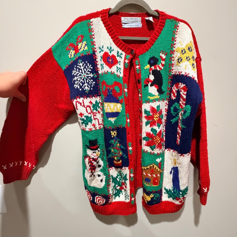 VTG Northern Isles Christmas Cardigan Women XL Hand Knit Eclectic Sweater Twee